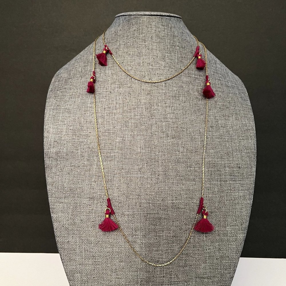 NWT Anthro Shiraleah Lena Necklace Gold Magenta Tassels 25" Long Boho Je…